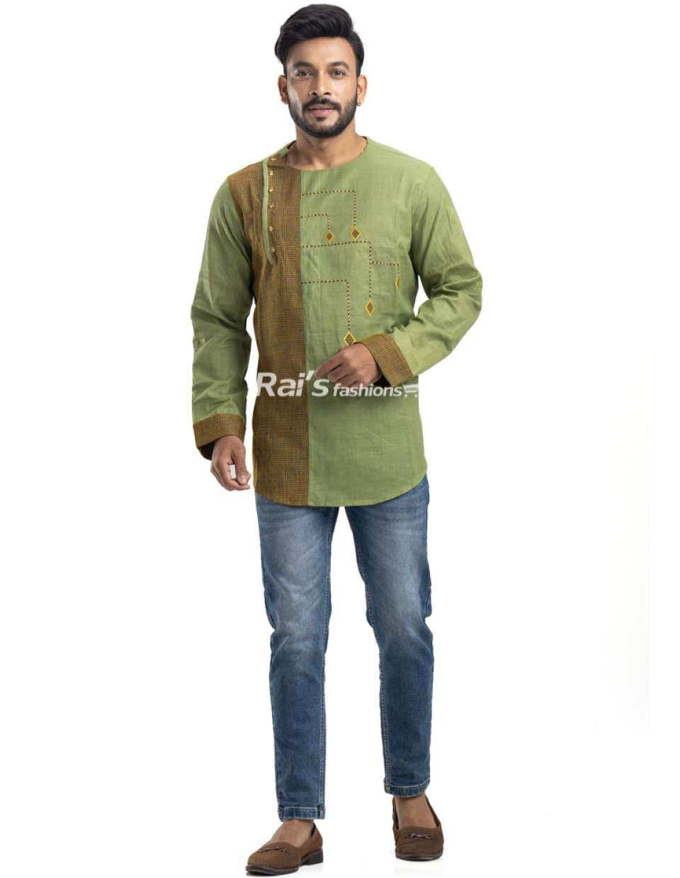 Olive Green Khadi Cotton Embroidery Worked Short Kurta With Contrast Color Checks Patch Work (KRP7) Olive Green Khadi Cotton Embroidery Worked Short Kurta With Contrast Color Checks Patch Work (KRP7)